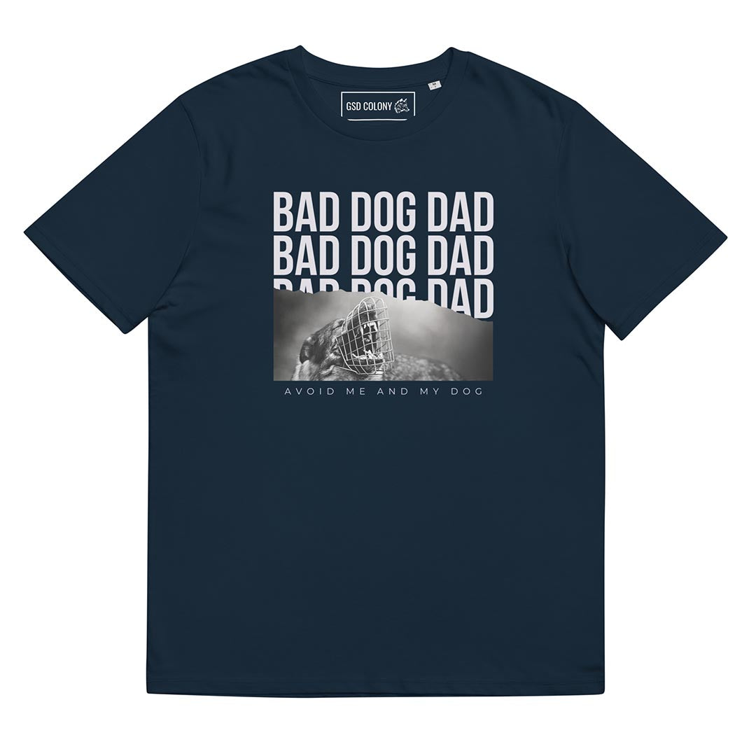 Bad Dog Dad T-Shirt for German Shepherd lovers and owners, navy blue color - GSD Colony