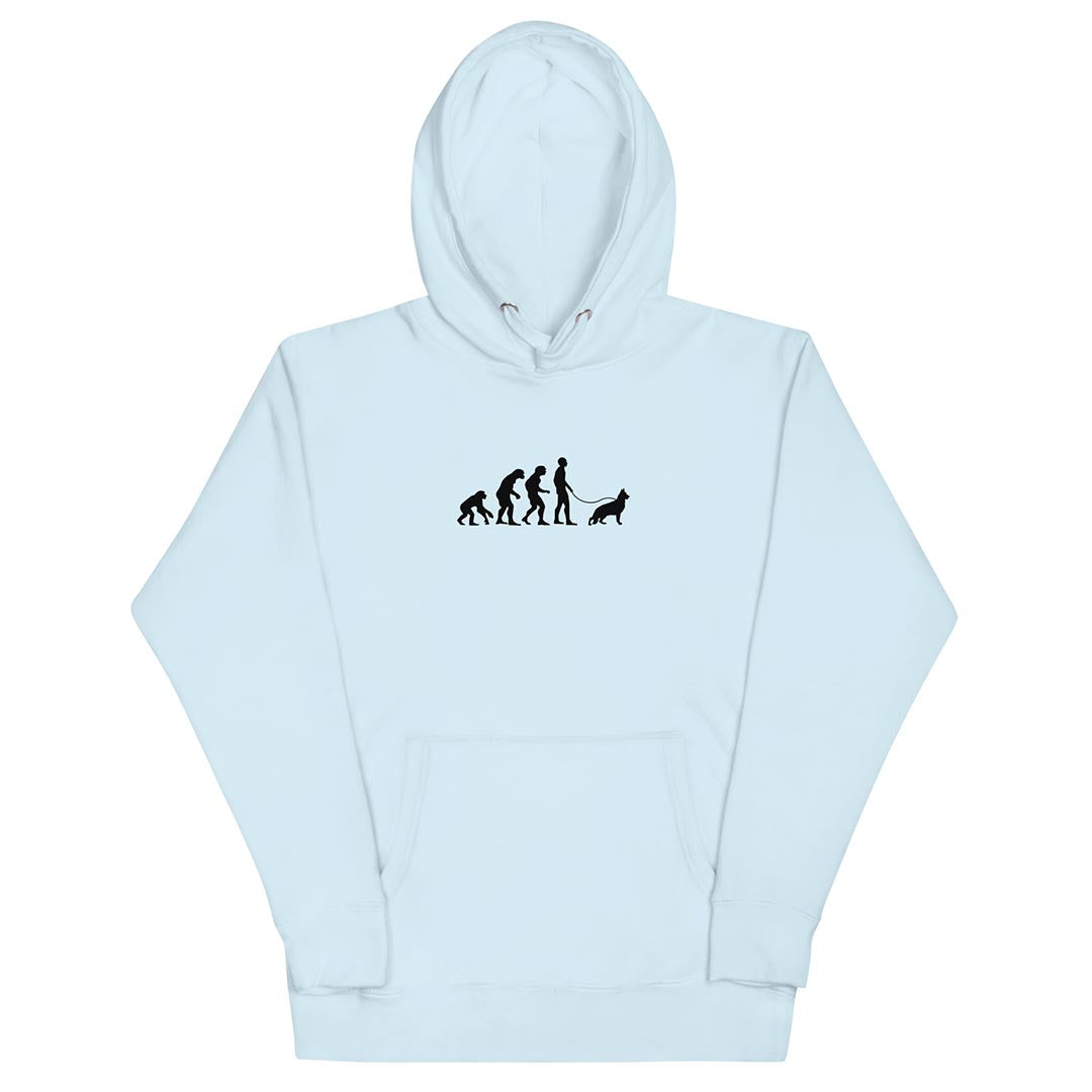 German Shepherd and human evolution hoodie for dog lovers light blue color - GSD Colony