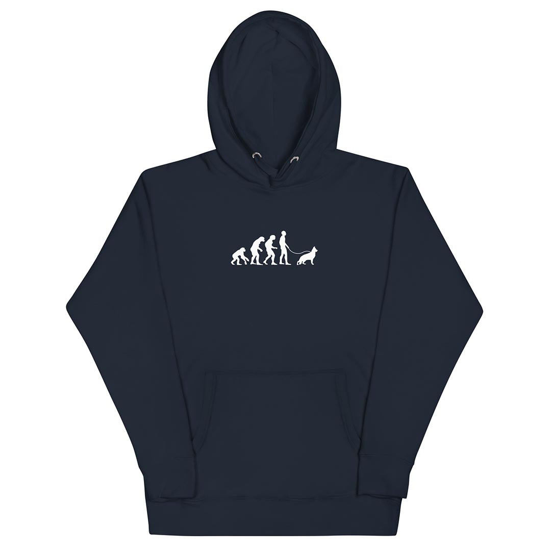 German Shepherd and human evolution hoodie for dog lovers navy blue color - GSD Colony