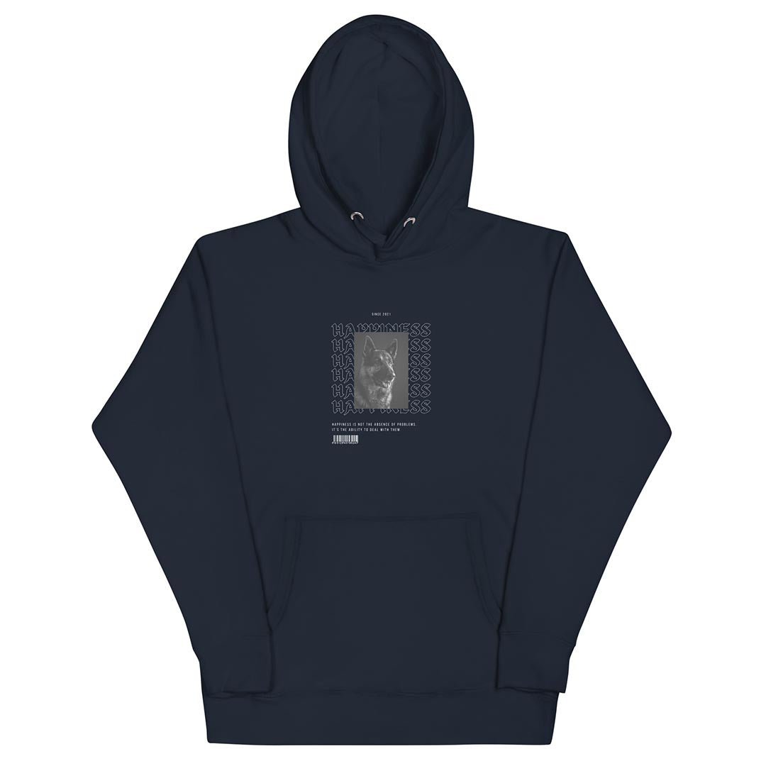 Happiness hoodie for German Shepherd lovers and owners, navy blue color - GSD Colony