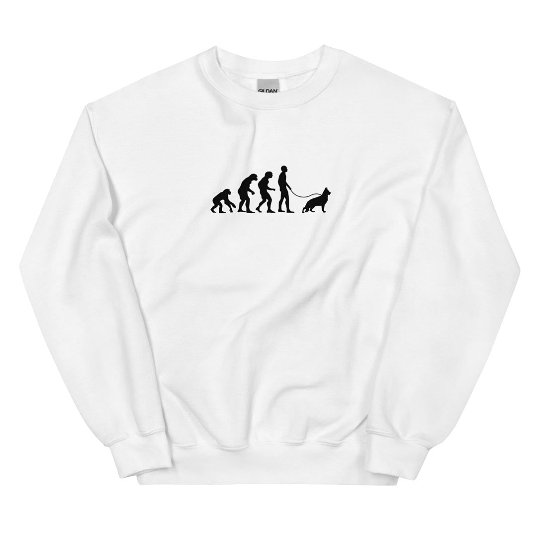 Human Evolution sweatshirt for German Shepherd lovers and owners, white color - GSD Colony