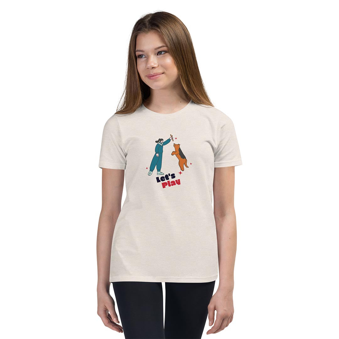 Kid in Let's play youth short sleeve tshirt for German Shepherd lovers and owners, beige color - GSD Colony