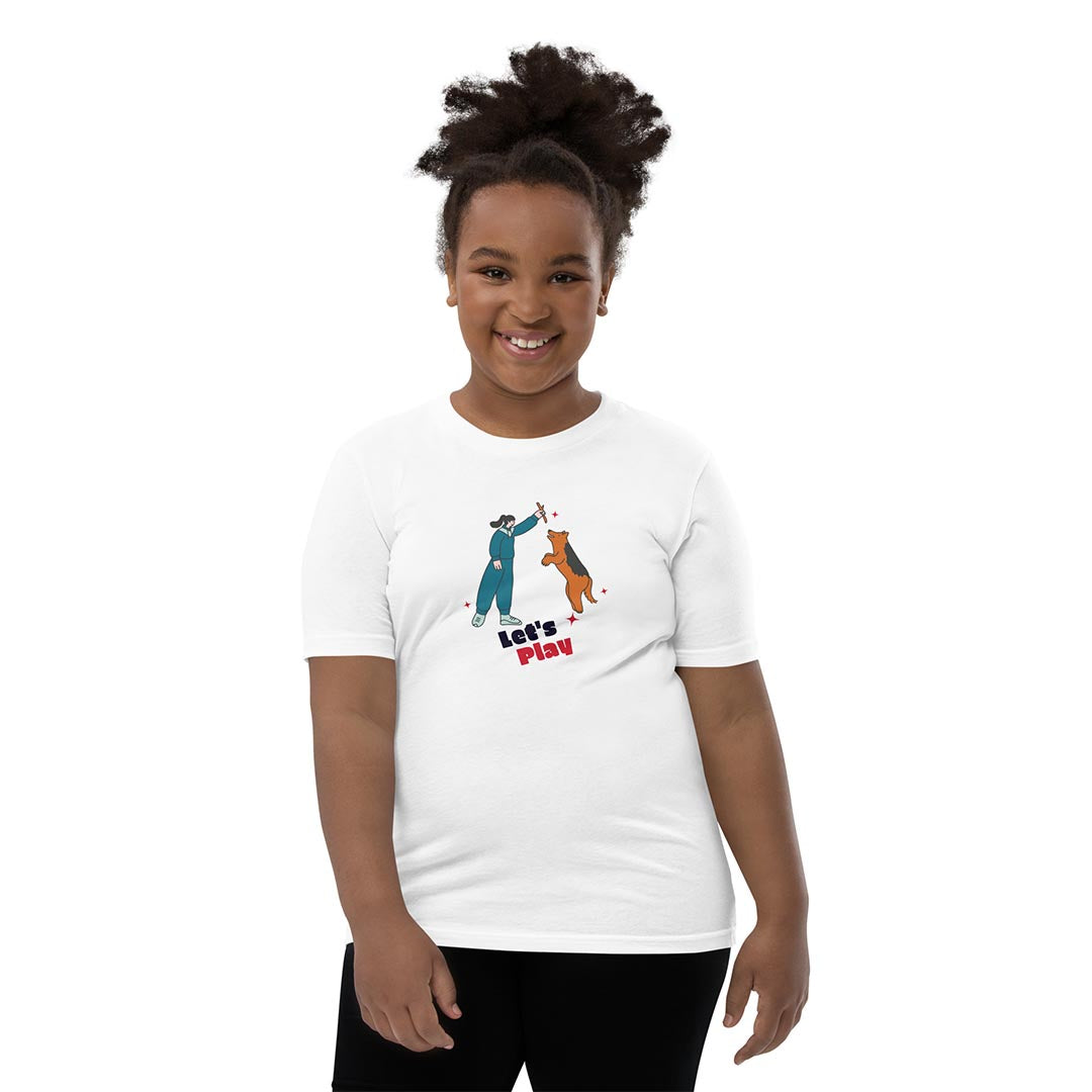 Kid in Let's play youth short sleeve tshirt for German Shepherd lovers and owners, white color - GSD Colony