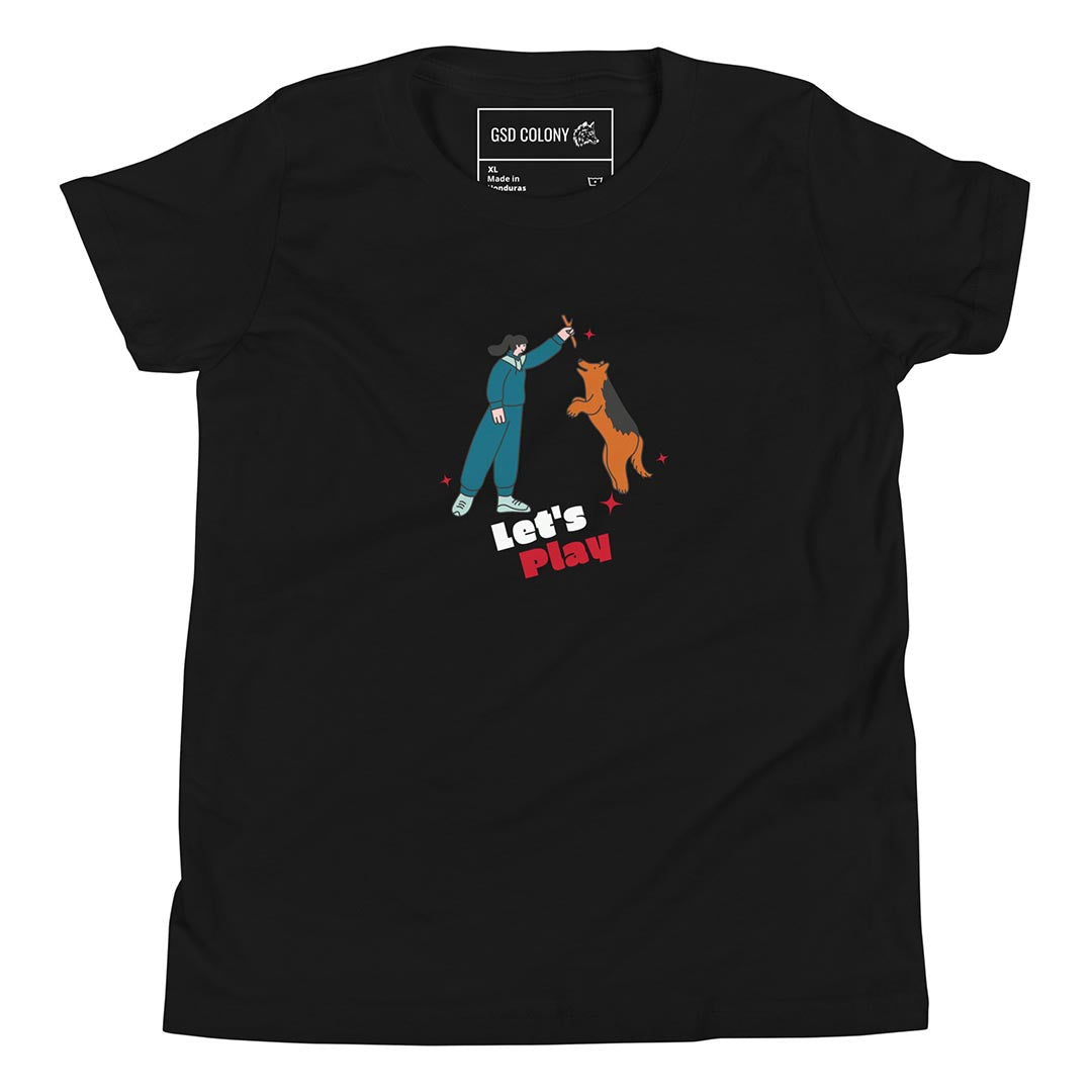 Let's play youth short sleeve tshirt for German Shepherd lovers and owners, black color - GSD Colony