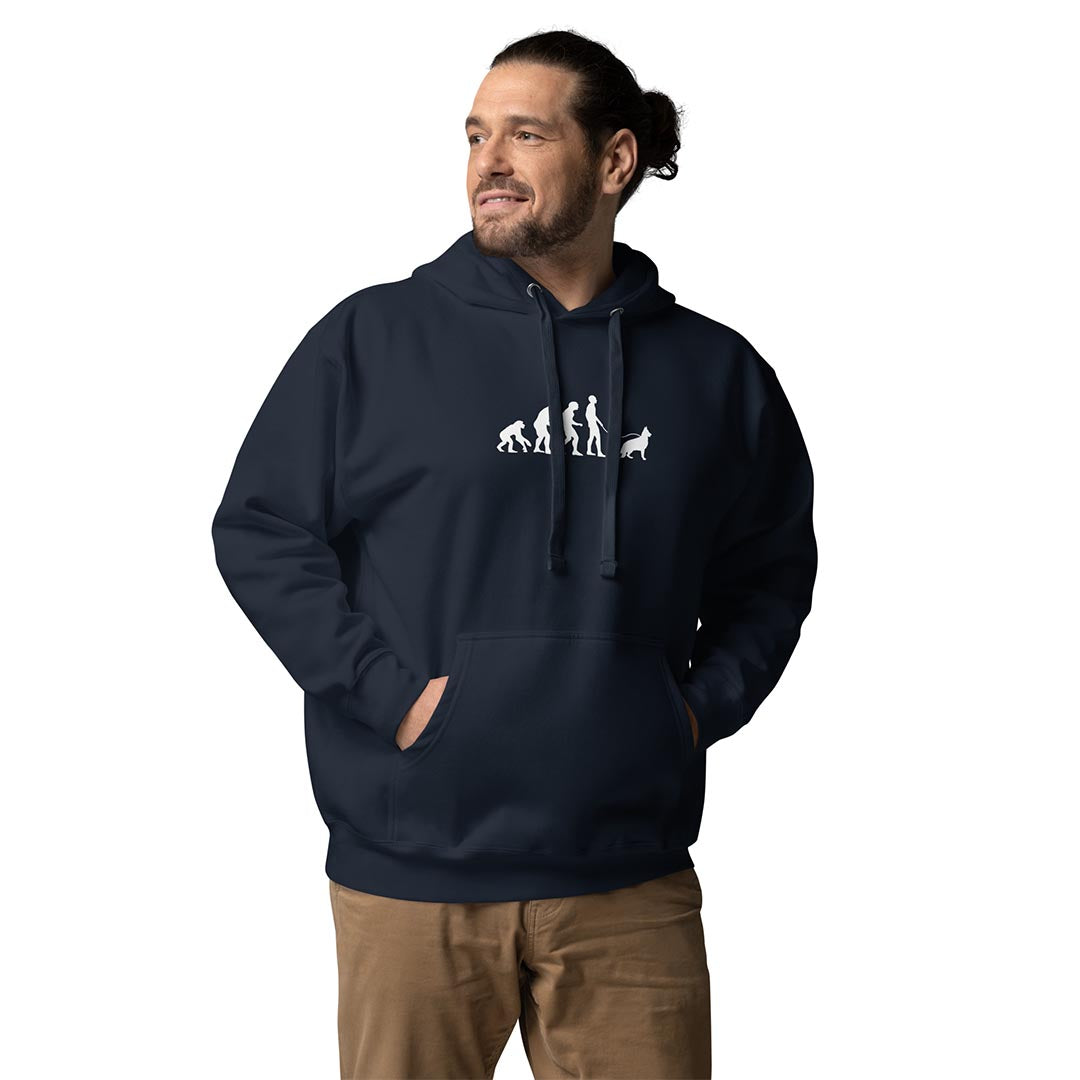 Man in German Shepherd and human evolution hoodie for dog lovers navy blue color - GSD Colony
