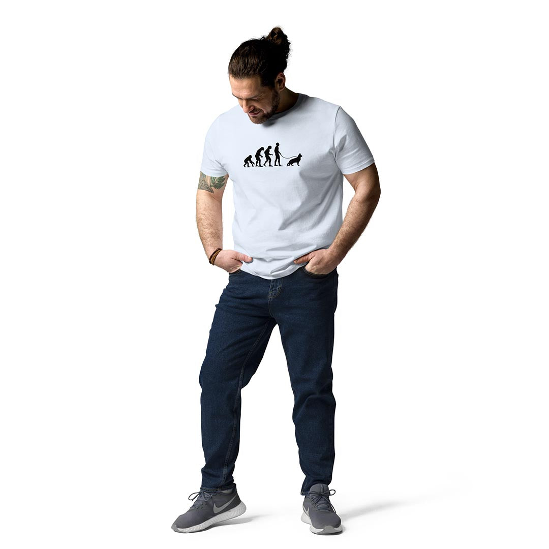 Man in Human and German Shepherd evolution T-Shirt for GSD Lovers and owners white color - GSD Colony