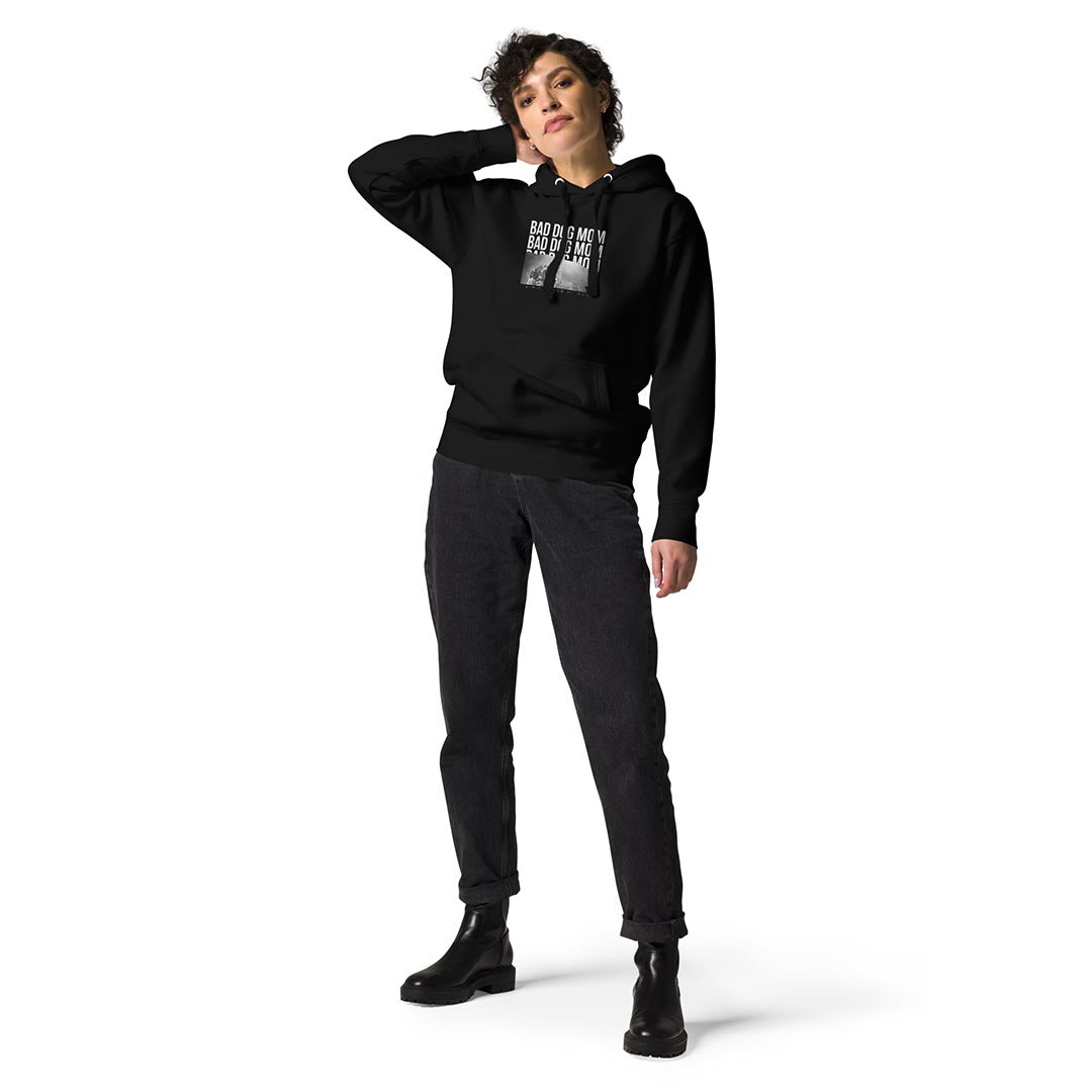 Model in Bad dog mom hoodie for German Shepherd lovers and owners, black color - GSD Colony