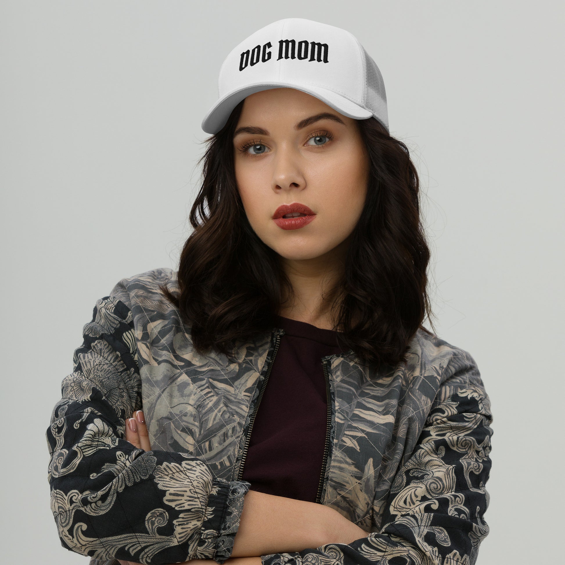 Model in Dog mom trucker hat made for German Shepherd lovers and owners, white color - GSD Colony