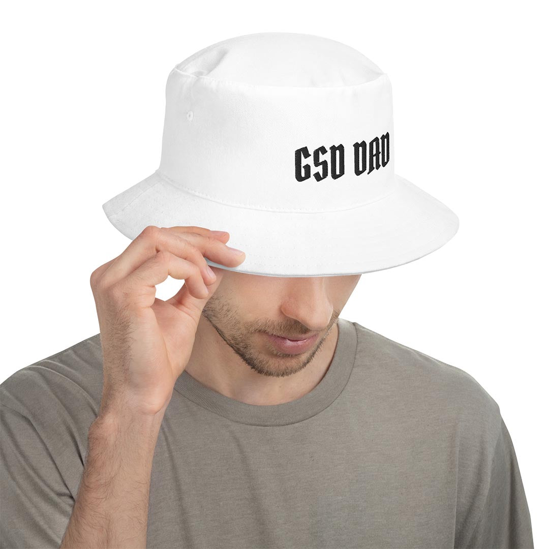 Model in GSD Dad bucket hat made for German Shepherd lovers and owners, white color - GSD Colony