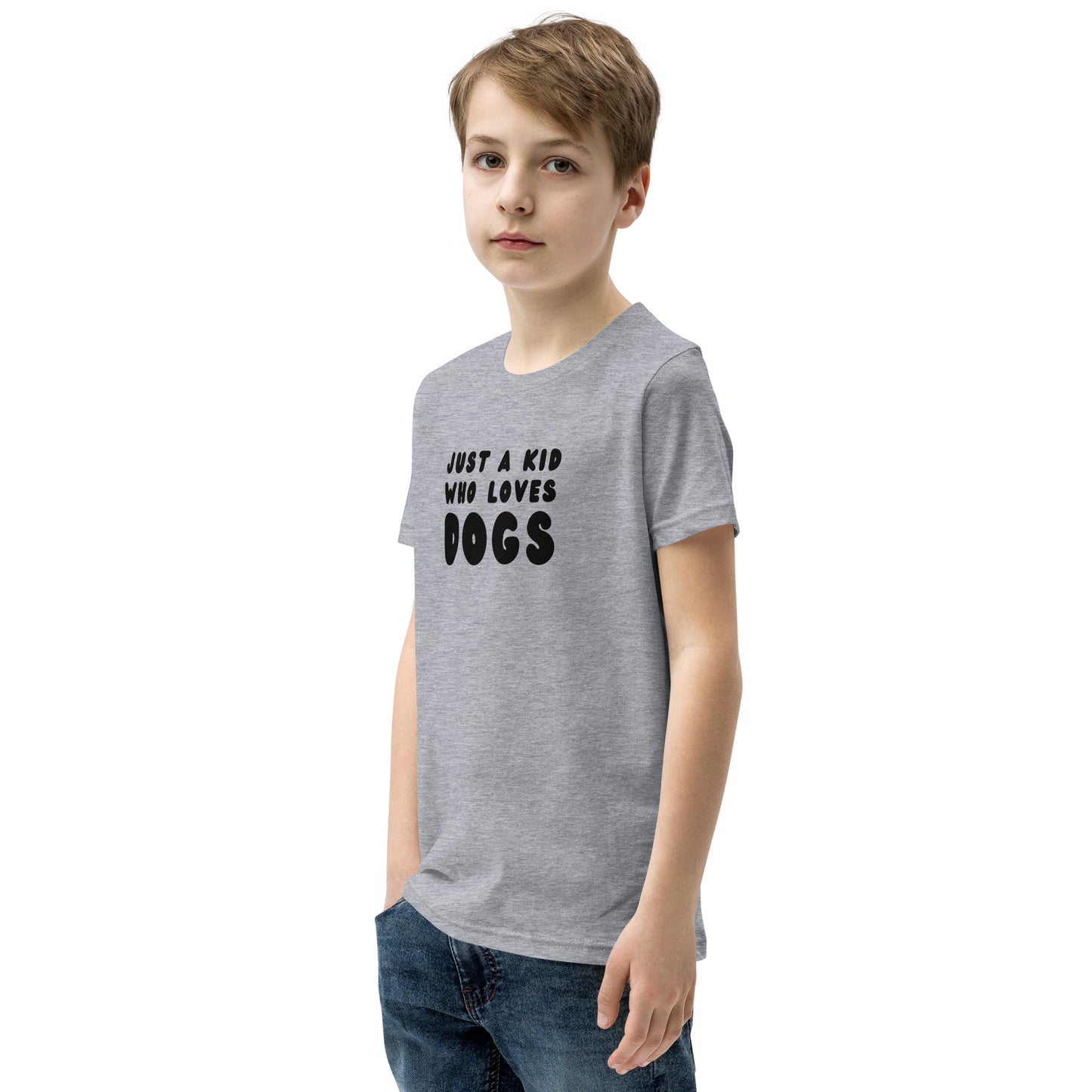 Model in Just a kid who loves dogs kid tshirt for German Shepherd lovers, grey color - GSD Colony