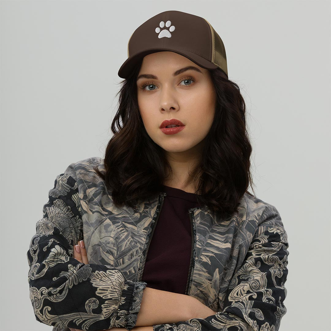 Model in Paw print trucker cap made for German Shepherd lovers and owners, brown color - GSD Colony