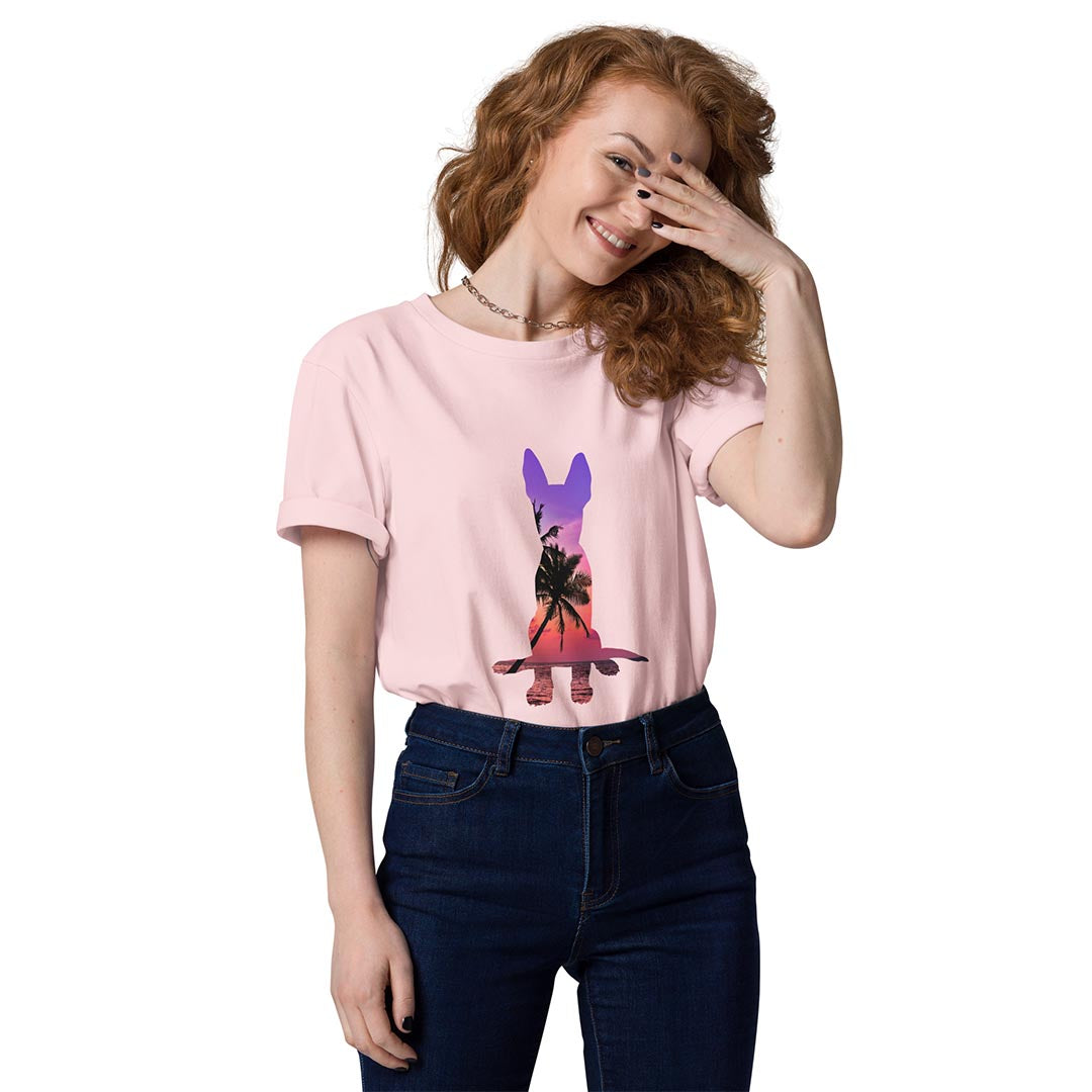 Model in Summer GSD T-Shirt made for German Shepherd lovers and owners, pink color - GSD Colony