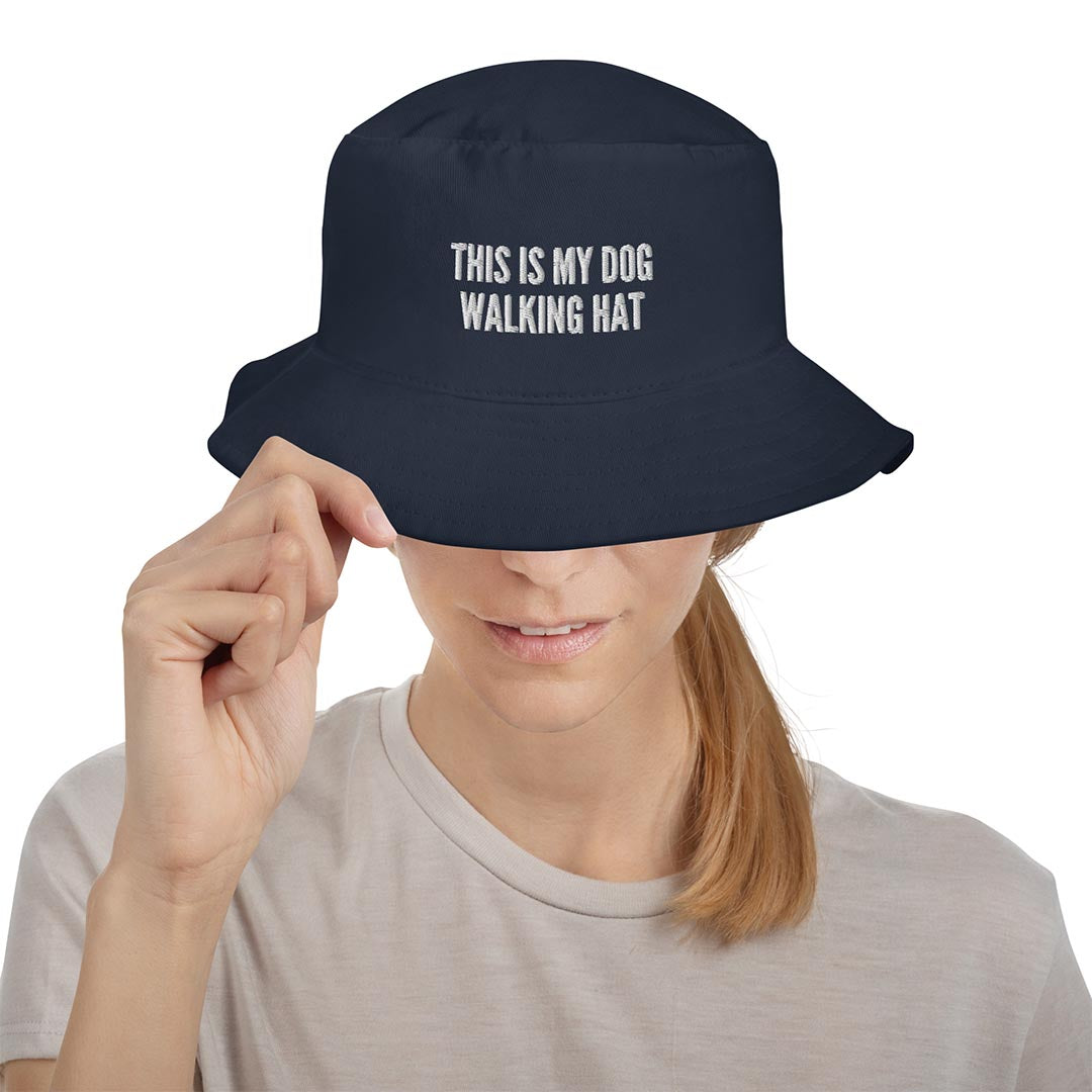 Model in This is my dog walking hat bucket hat for German Shepherd lovers and owners, navy blue color - GSD Colony
