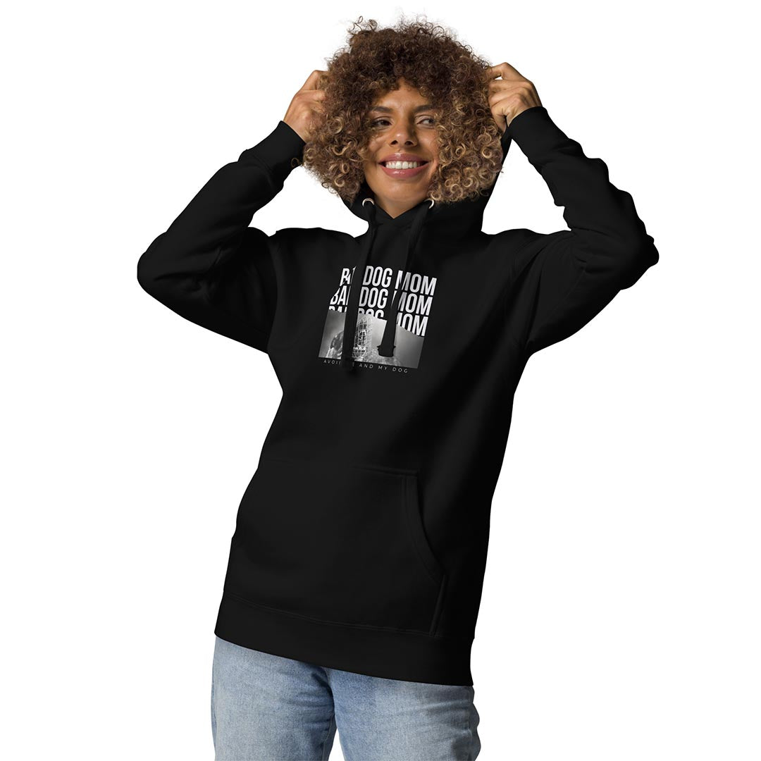 Model in Bad dog mom hoodie for German Shepherd lovers and owners, black color - GSD Colony