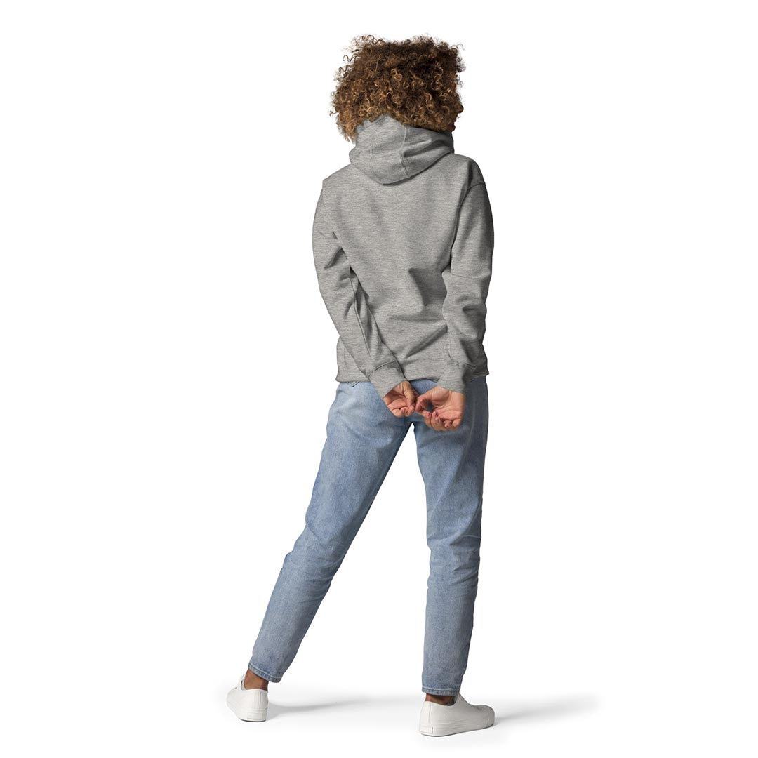 Model in Bad dog mom hoodie for German Shepherd lovers and owners, grey color - GSD Colony