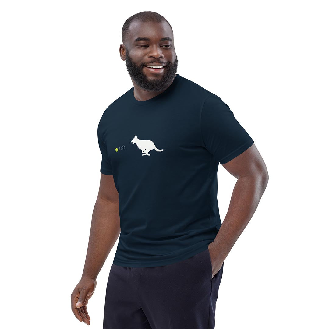 Model in Ball chaser German Shepherd lovers T-Shirt navy blue color - GSD Colony