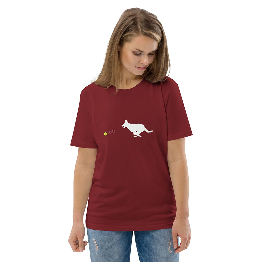Model in Ball chaser German Shepherd lovers T-Shirt red color - GSD Colony