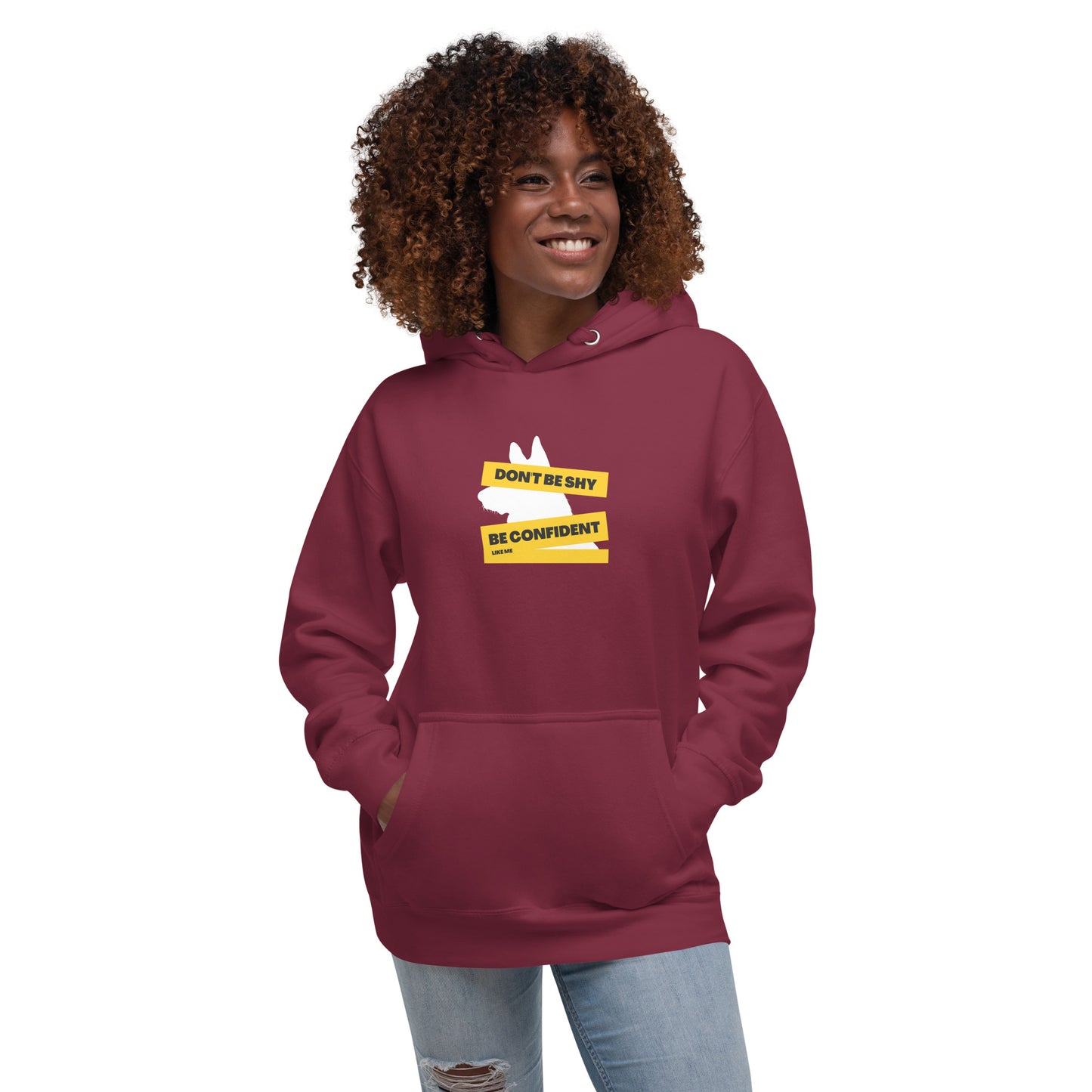 Model wearing Be confident like me German Shepherd Hoodie, Red Color - GSD Colony