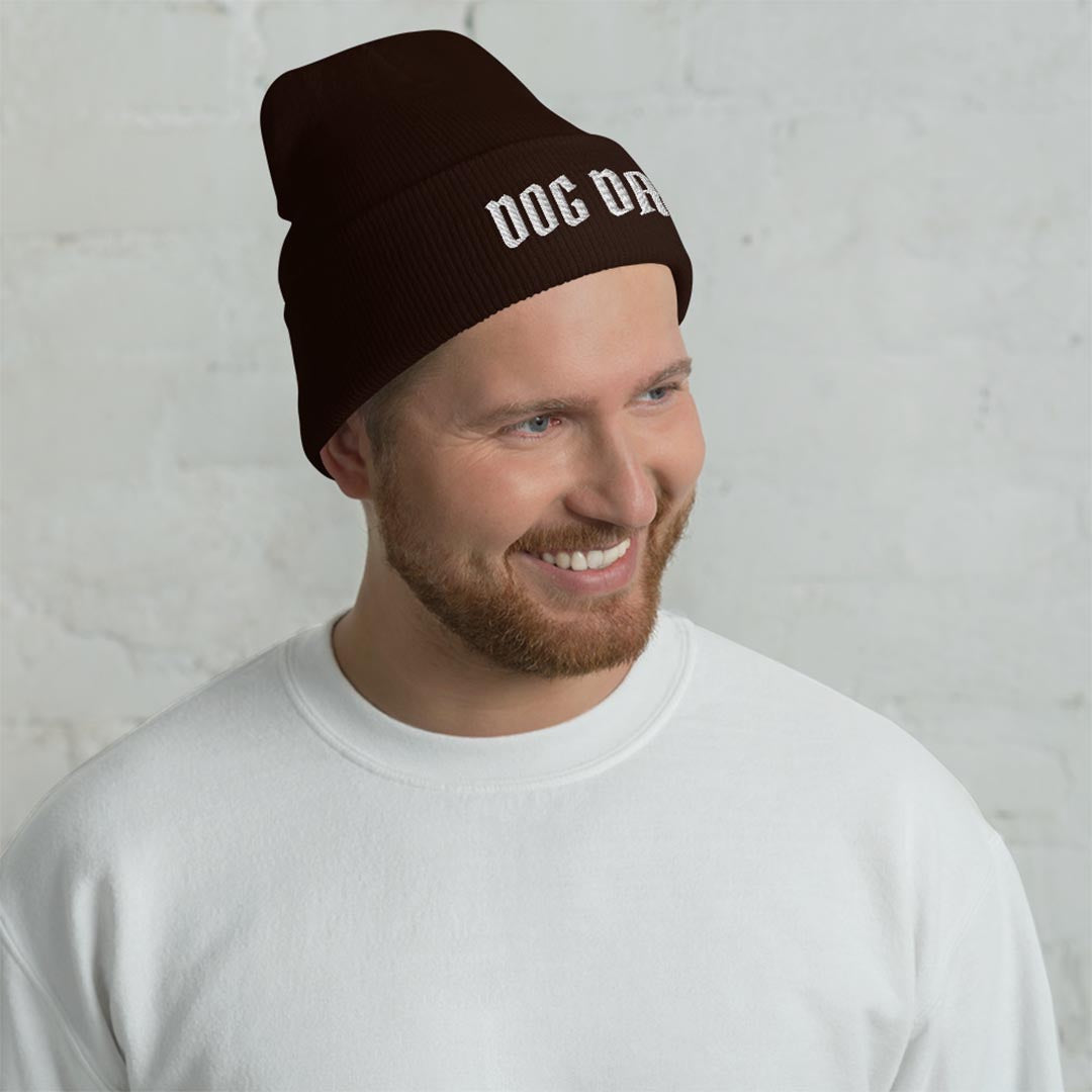 Model wearing Beanie dog dad hat made for German Shepherd lovers and owners, black colors - GSD Colony