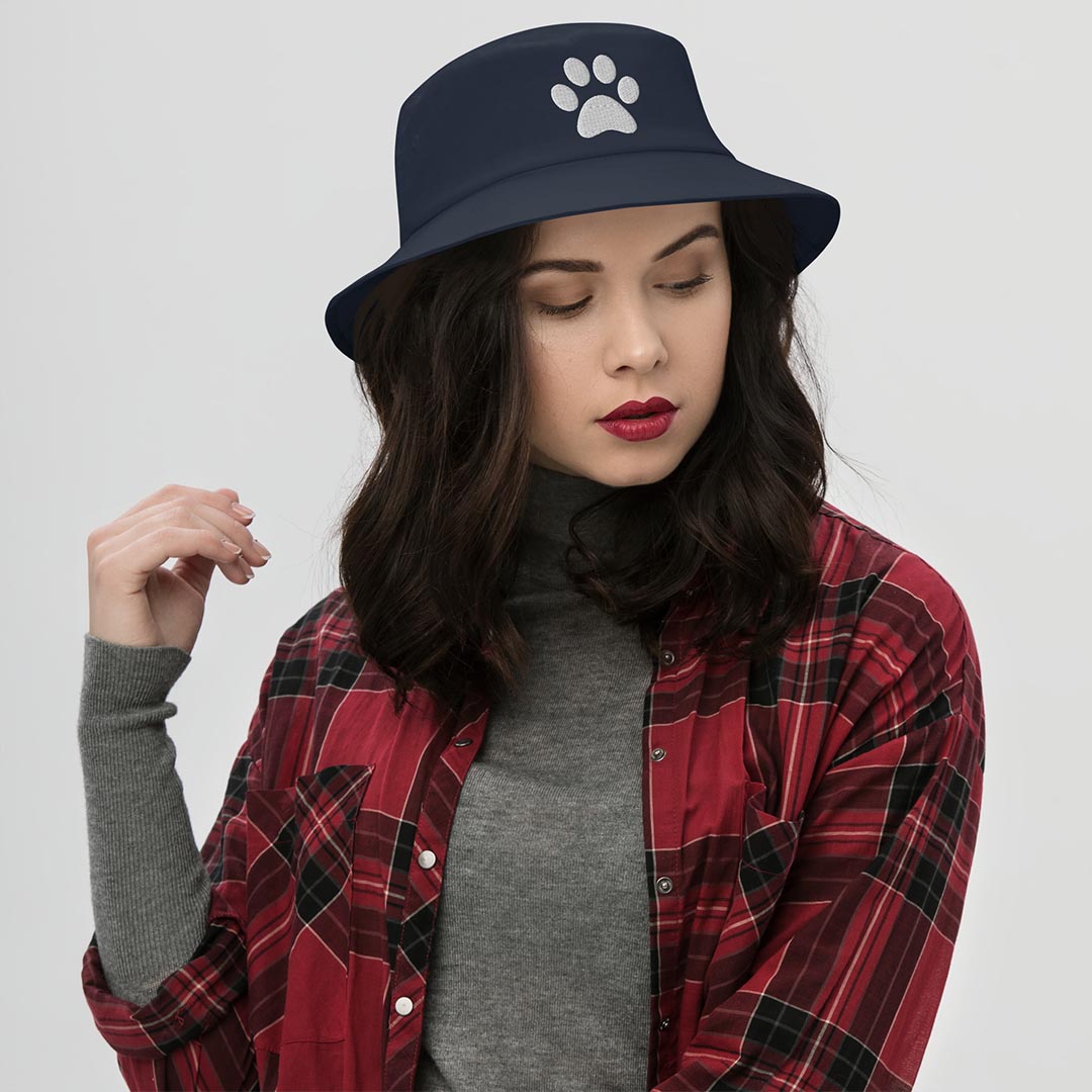 Model in Bucket paw hat made for German Shepherd lovers and owners, navy blue color - GSD Colony
