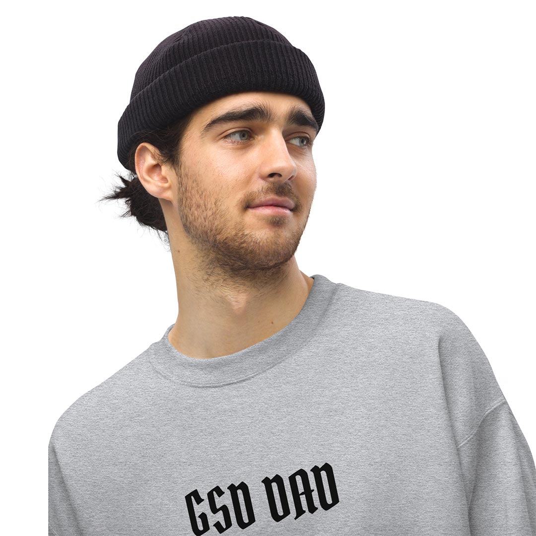 Model in GSD Dad Sweatshirt made for German Shepherd owners and lovers, grey color - GSD Colony