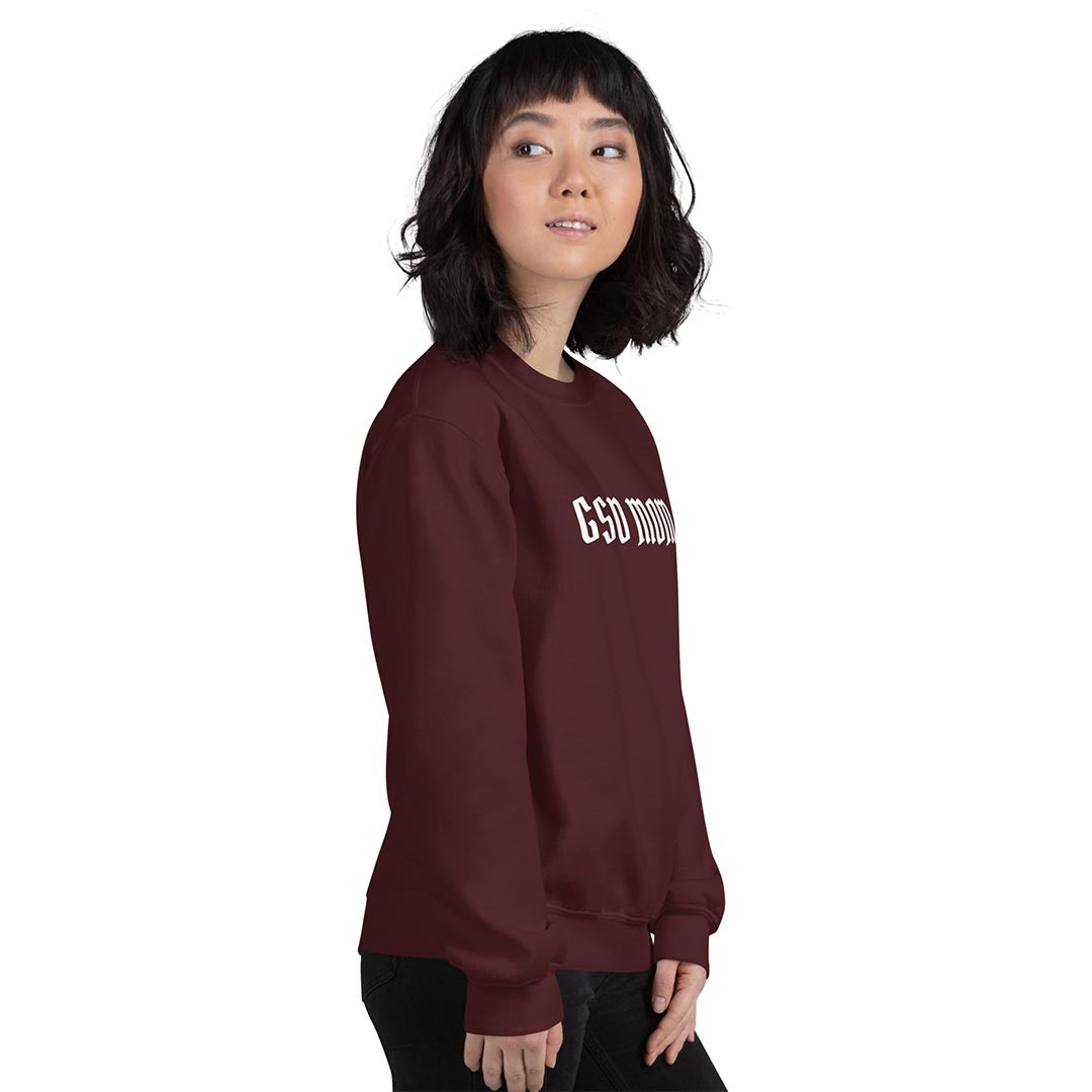 Model wearing GSD Mom Sweatshirt for German Shepherd lovers, red color - GSD Colony