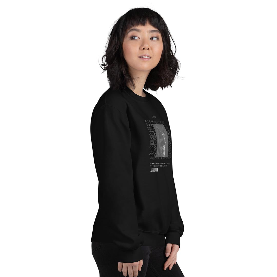 Model in Happiness sweatshirt for German Shepherd lovers and owners, black color - GSD Colony