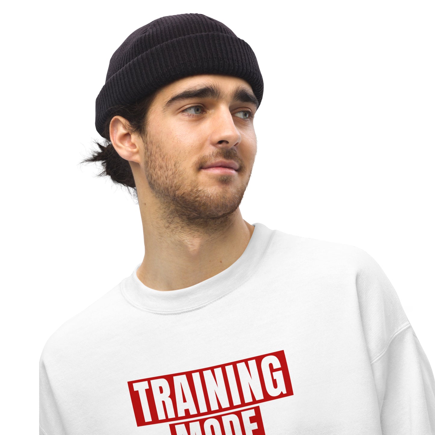 Model wearing Training mode on German Shepherd dog lovers and owners sweatshirt, white color - GSD Colony