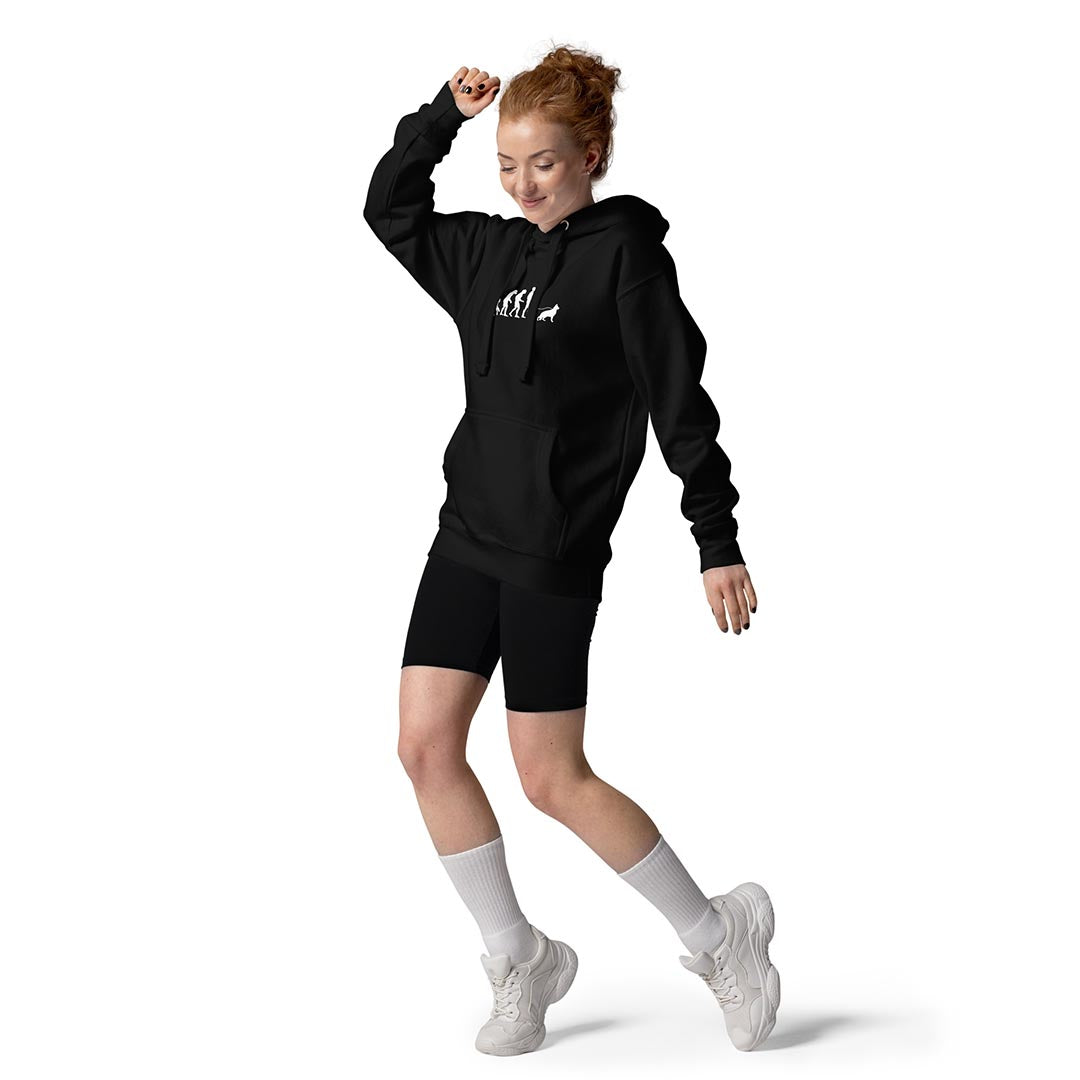 Woman in German Shepherd and human evolution hoodie for dog lovers black color - GSD Colony