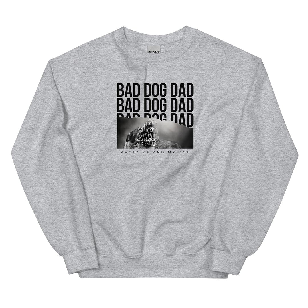 Bad Dog Dad Sweatshirt made for German Shepherd lovers and owners, grey color - GSD Colony