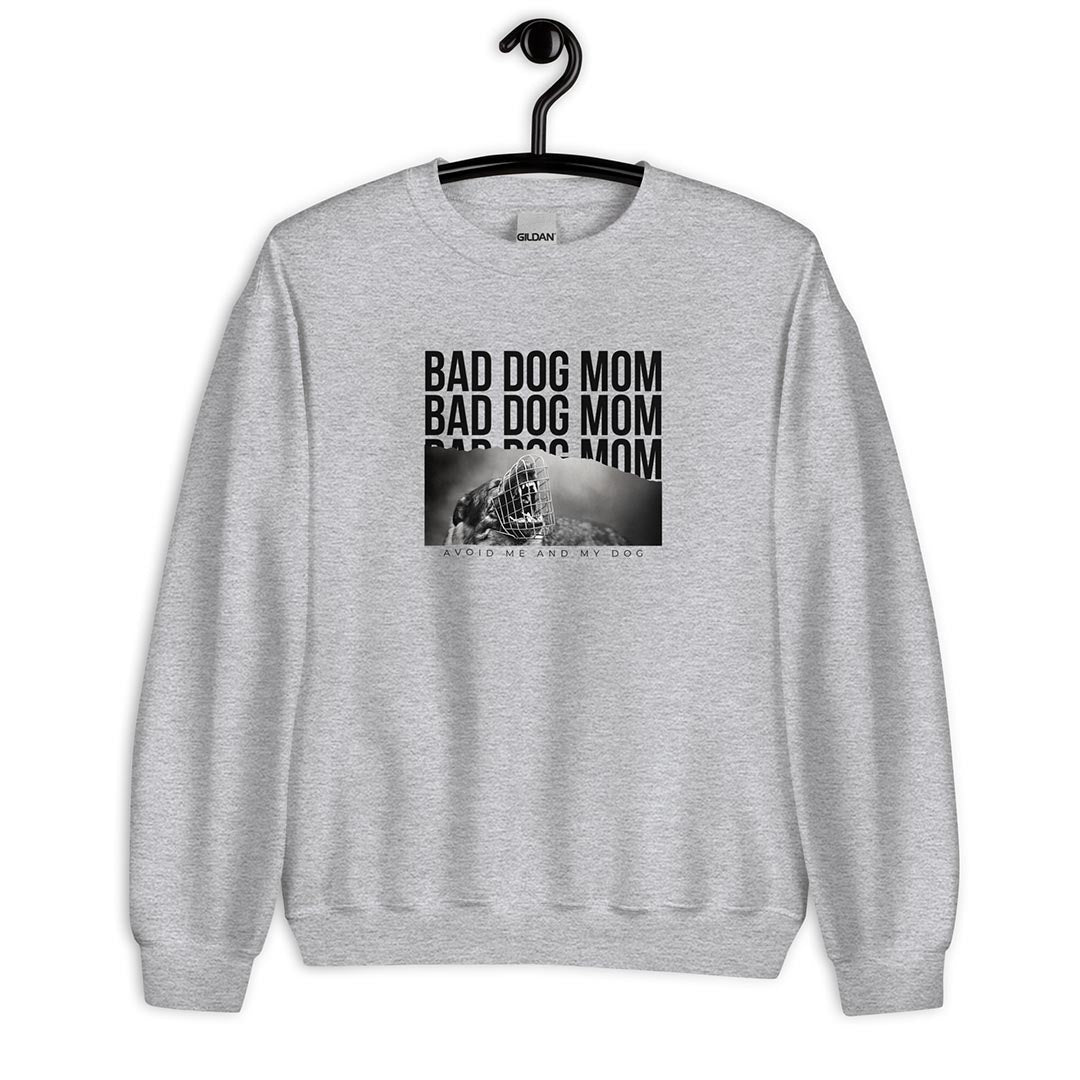 Model wearing Bad dog mom sweatshirt for German Shepherd lovers and owners, grey color - GSD Colony