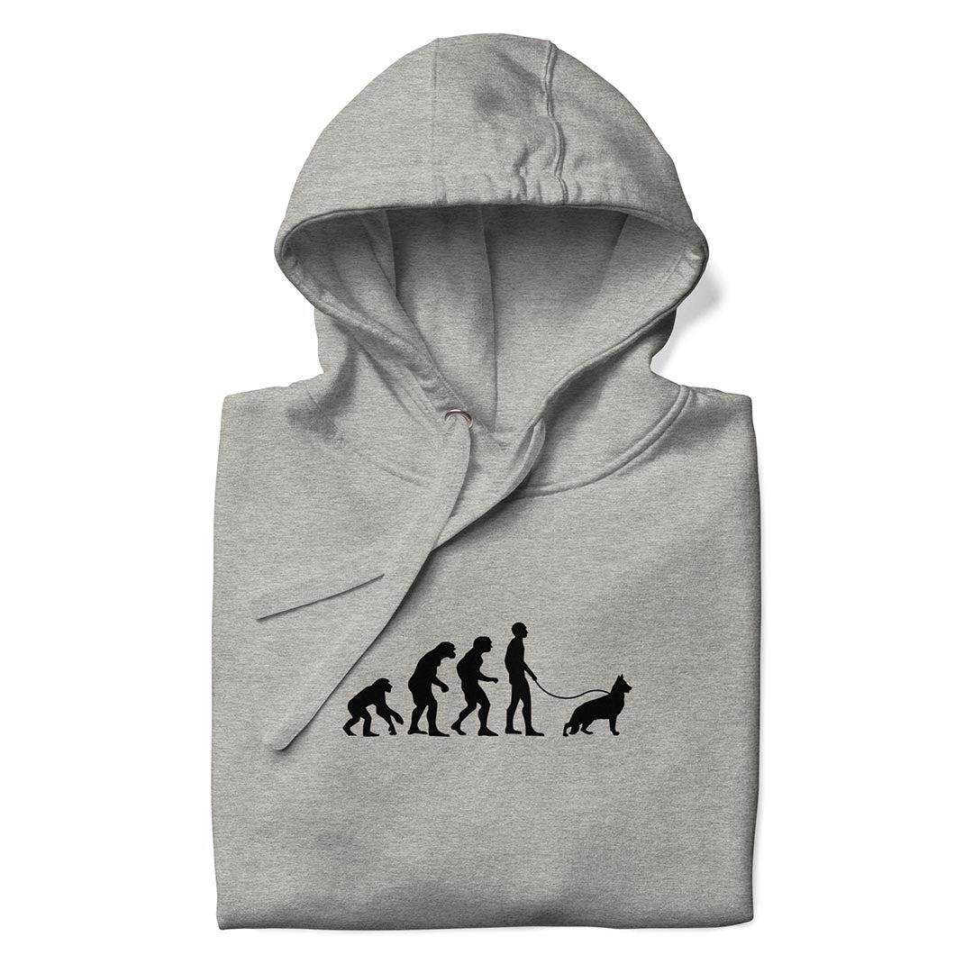 Human Evolution hoodie for German Shepherd lovers and owners, grey color - GSD Colony