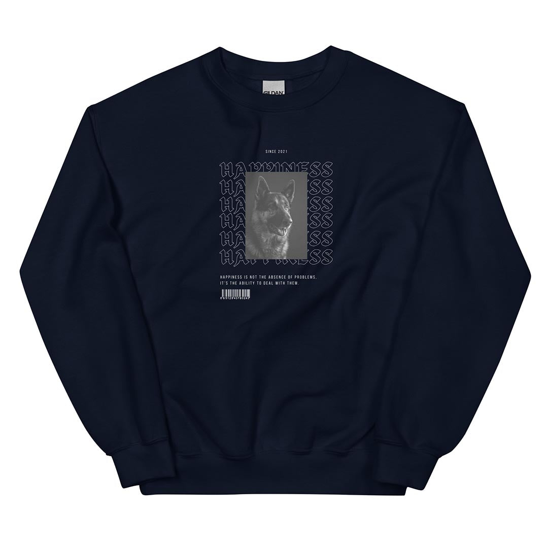 Happiness sweatshirt for German Shepherd lovers and owners, navy blue color - GSD Colony