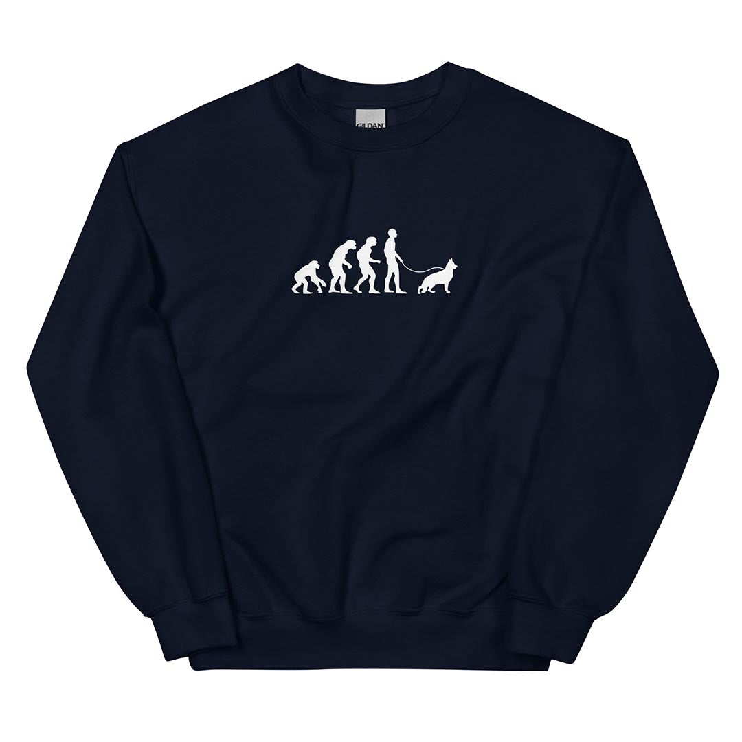 Human Evolution sweatshirt for German Shepherd lovers and owners, navy blue color - GSD Colony