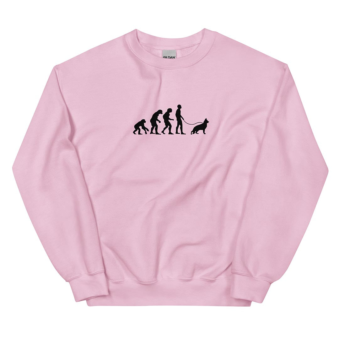 Human Evolution sweatshirt for German Shepherd lovers and owners, pink color - GSD Colony