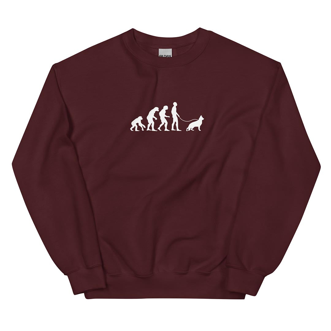 Human Evolution sweatshirt for German Shepherd lovers and owners, red color - GSD Colony