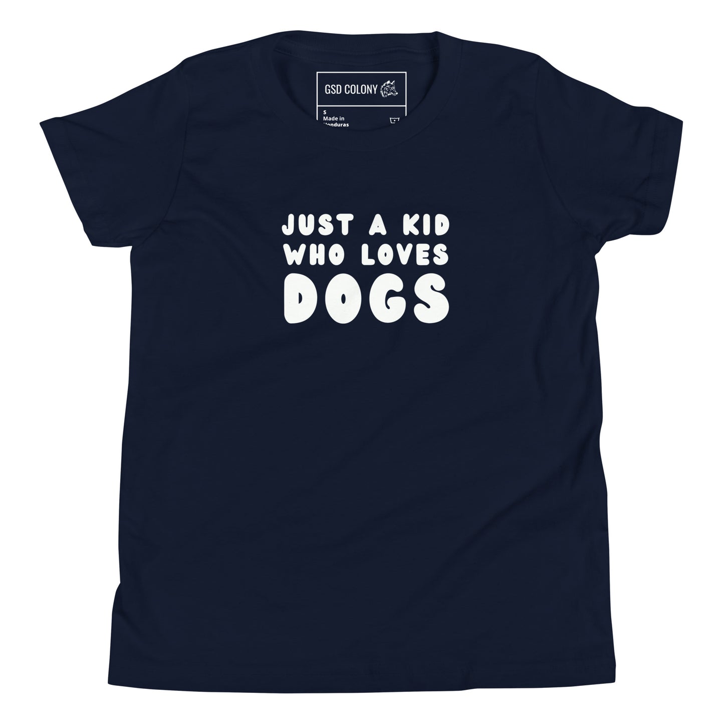Just a kid who loves dogs kid tshirt for German Shepherd lovers, navy blue color - GSD Colony