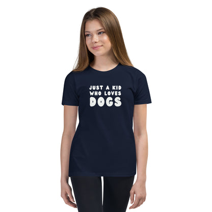 Model in Just a kid who loves dogs kid tshirt for German Shepherd lovers, navy blue color - GSD Colony