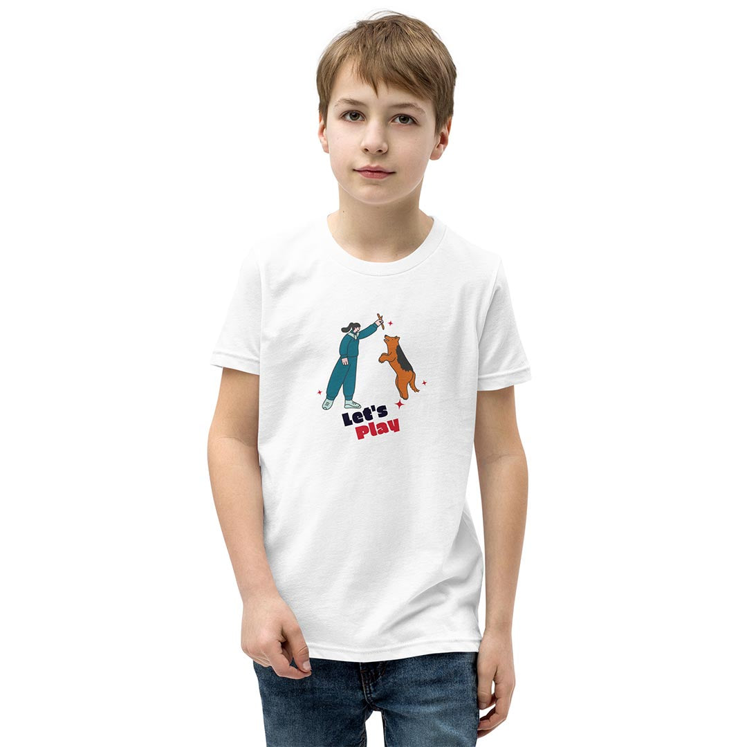Kid in Let's play youth short sleeve tshirt for German Shepherd lovers and owners, white color - GSD Colony