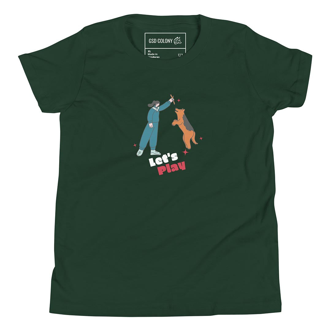 Let's play youth short sleeve tshirt for German Shepherd lovers and owners, green color - GSD Colony
