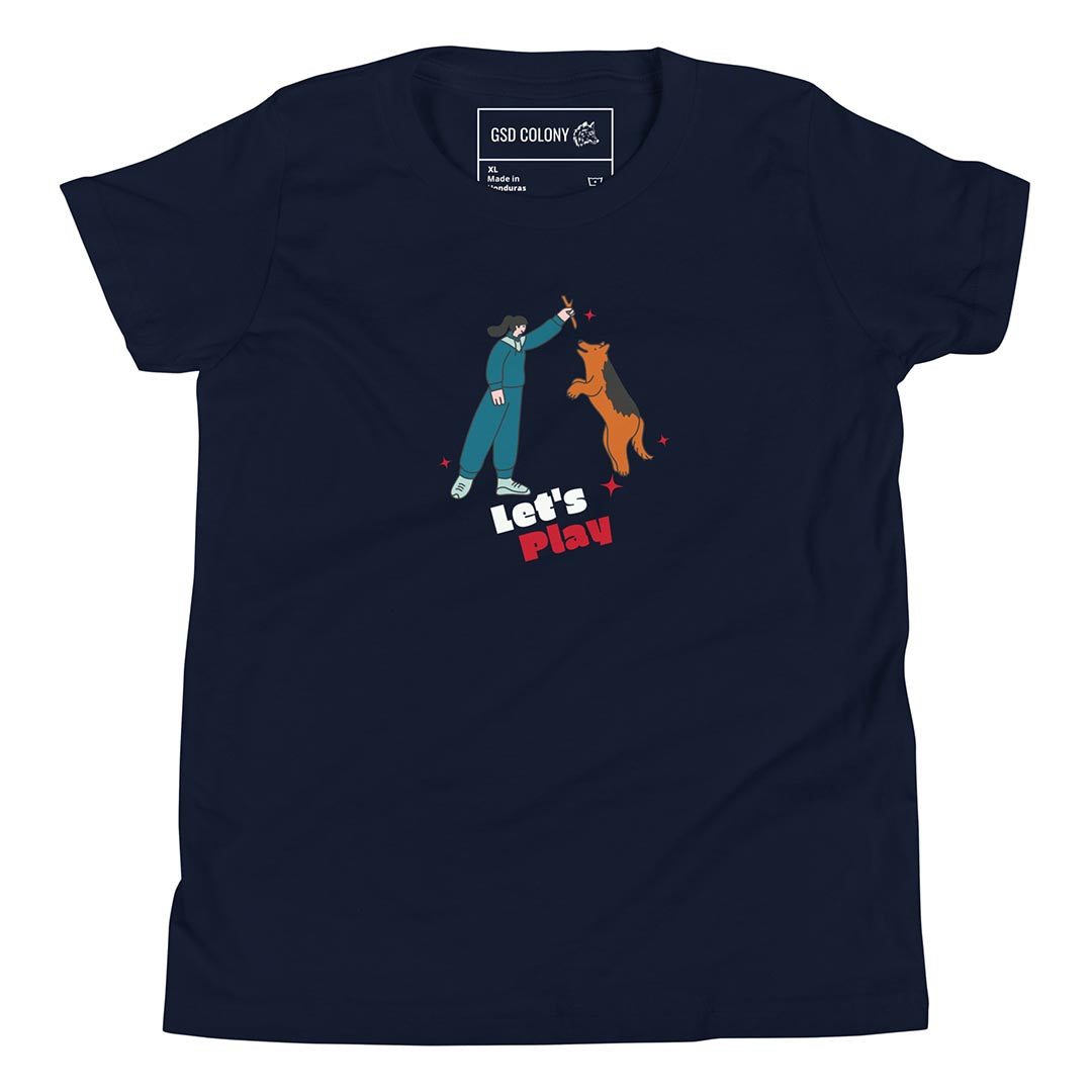 Let's play youth short sleeve tshirt for German Shepherd lovers and owners, navy blue color - GSD Colony