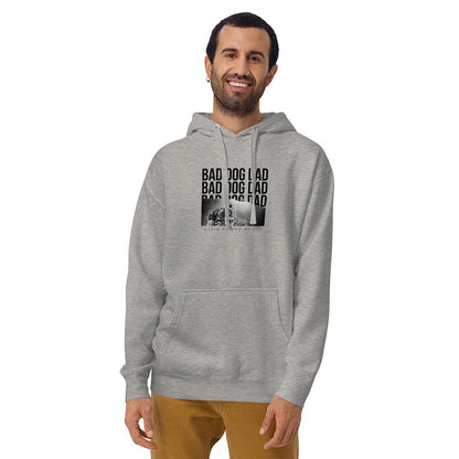 Model in Bad Dog Dad Hoodie for German Shepherd lovers and owners, grey color - GSD Colony