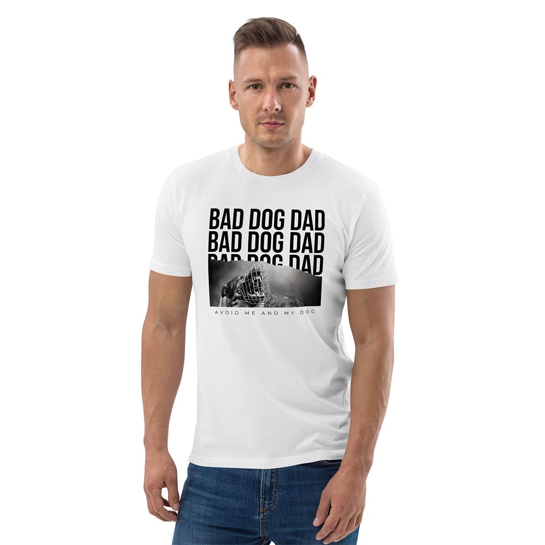 Model in Bad Dog Dad T-Shirt for German Shepherd lovers and owners, white color - GSD Colony