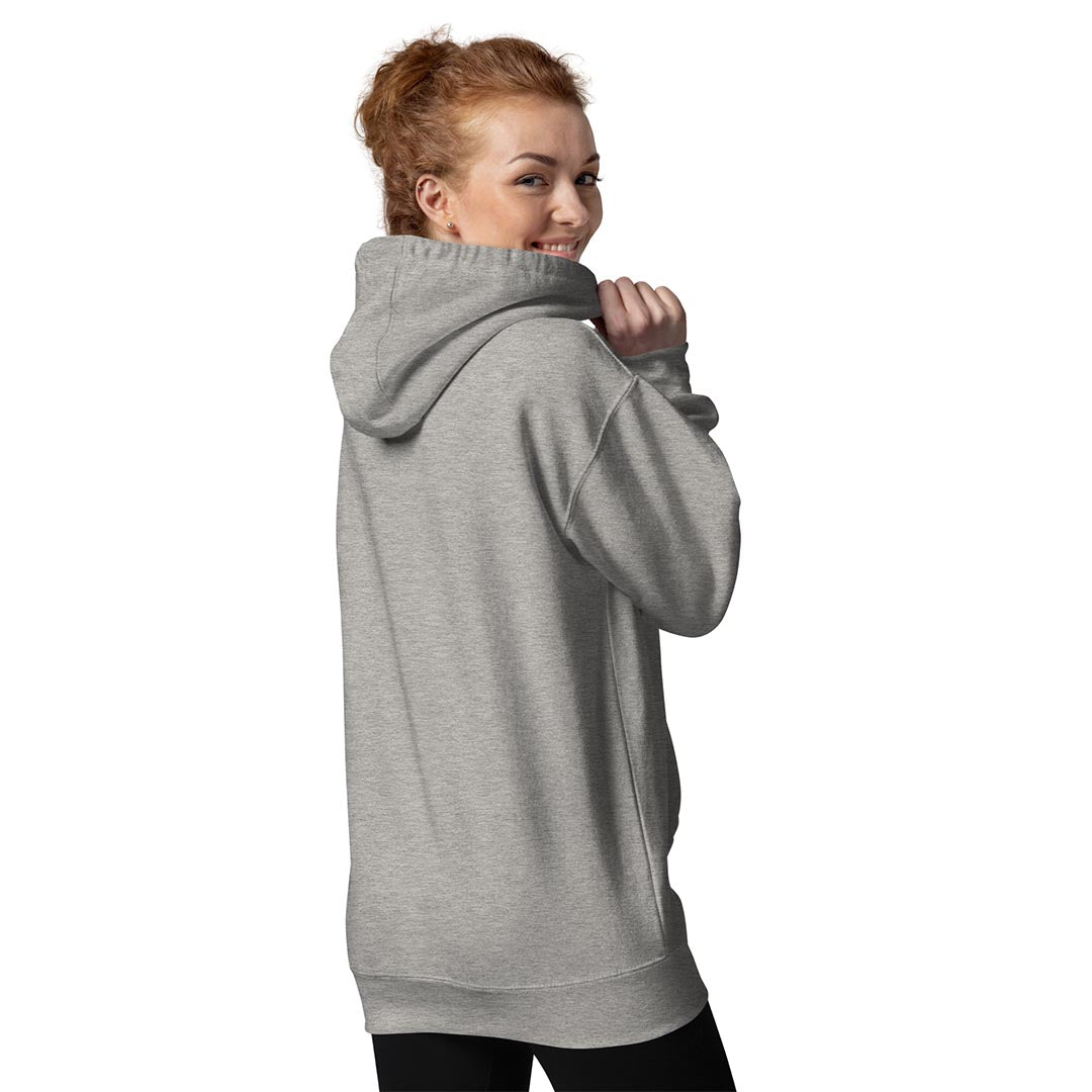 Model in Bad dog mom hoodie for German Shepherd lovers and owners, grey color - GSD Colony