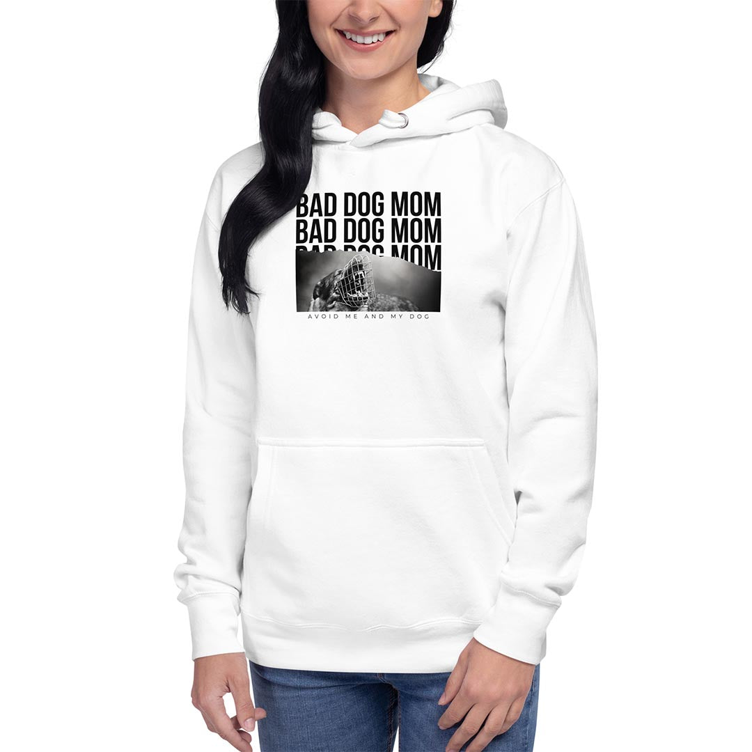 Model wearing Bad dog mom hoodie for German Shepherd lovers and owners, white color - GSD Colony