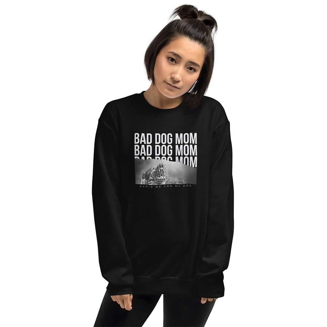Model wearing Bad dog mom sweatshirt for German Shepherd lovers and owners, black color - GSD Colony