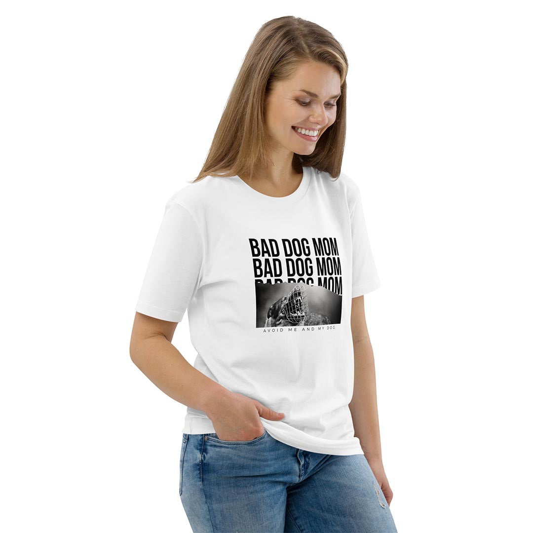 Model in Bad dog mom T-Shirt for German Shepherd lovers and owners, white color - GSD Colony