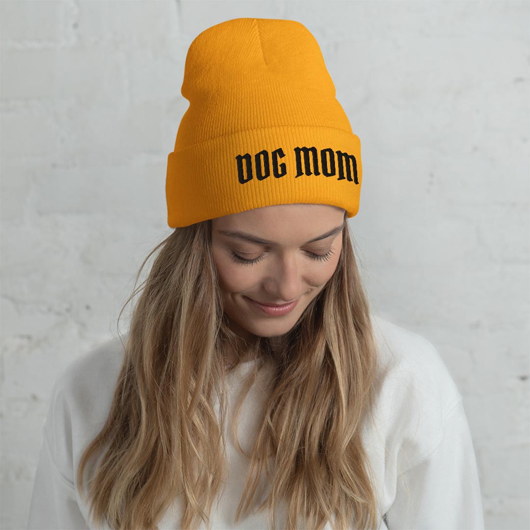 Model in Dog mom beanie hat made for German Shepherd lovers and owners, yellow color - GSD Colony