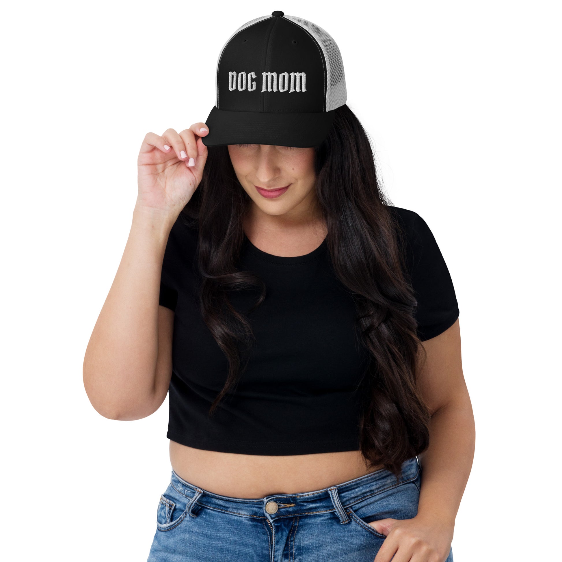 Model in Dog mom trucker hat made for German Shepherd lovers and owners, black and white color - GSD Colony
