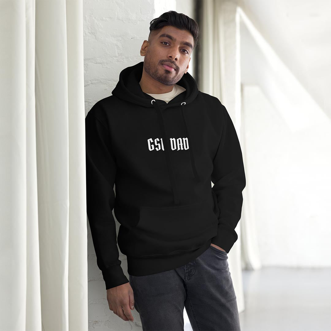 Model in GSD Dad hoodie for German Shepherd owners and lovers, black color - GSD Colony